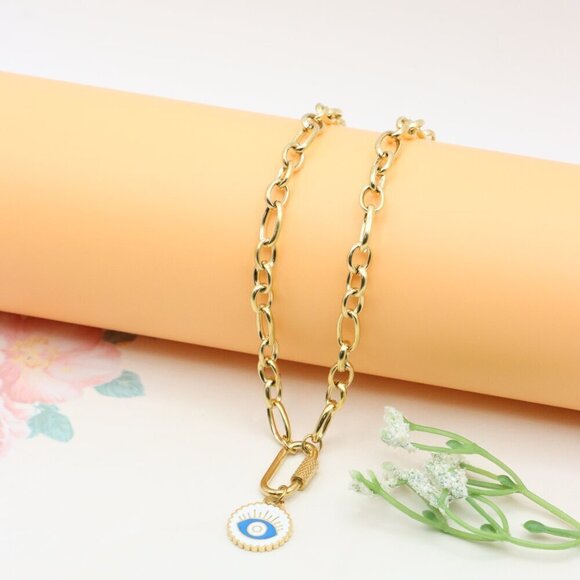 Chunky Gold Link Necklace with Eye Charm – Bold Yellow Jewelry, XPNL0368 - Picture 7 of 13